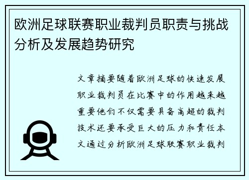 欧洲足球联赛职业裁判员职责与挑战分析及发展趋势研究
