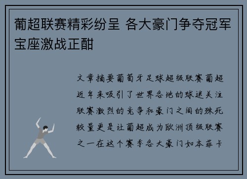 葡超联赛精彩纷呈 各大豪门争夺冠军宝座激战正酣
