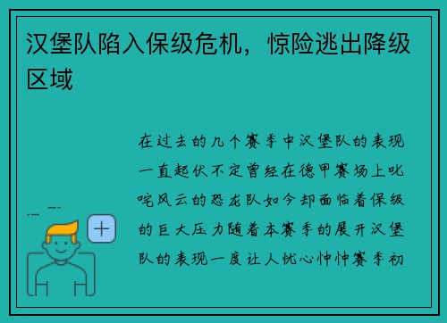 汉堡队陷入保级危机，惊险逃出降级区域