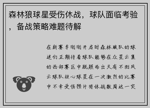 森林狼球星受伤休战，球队面临考验，备战策略难题待解